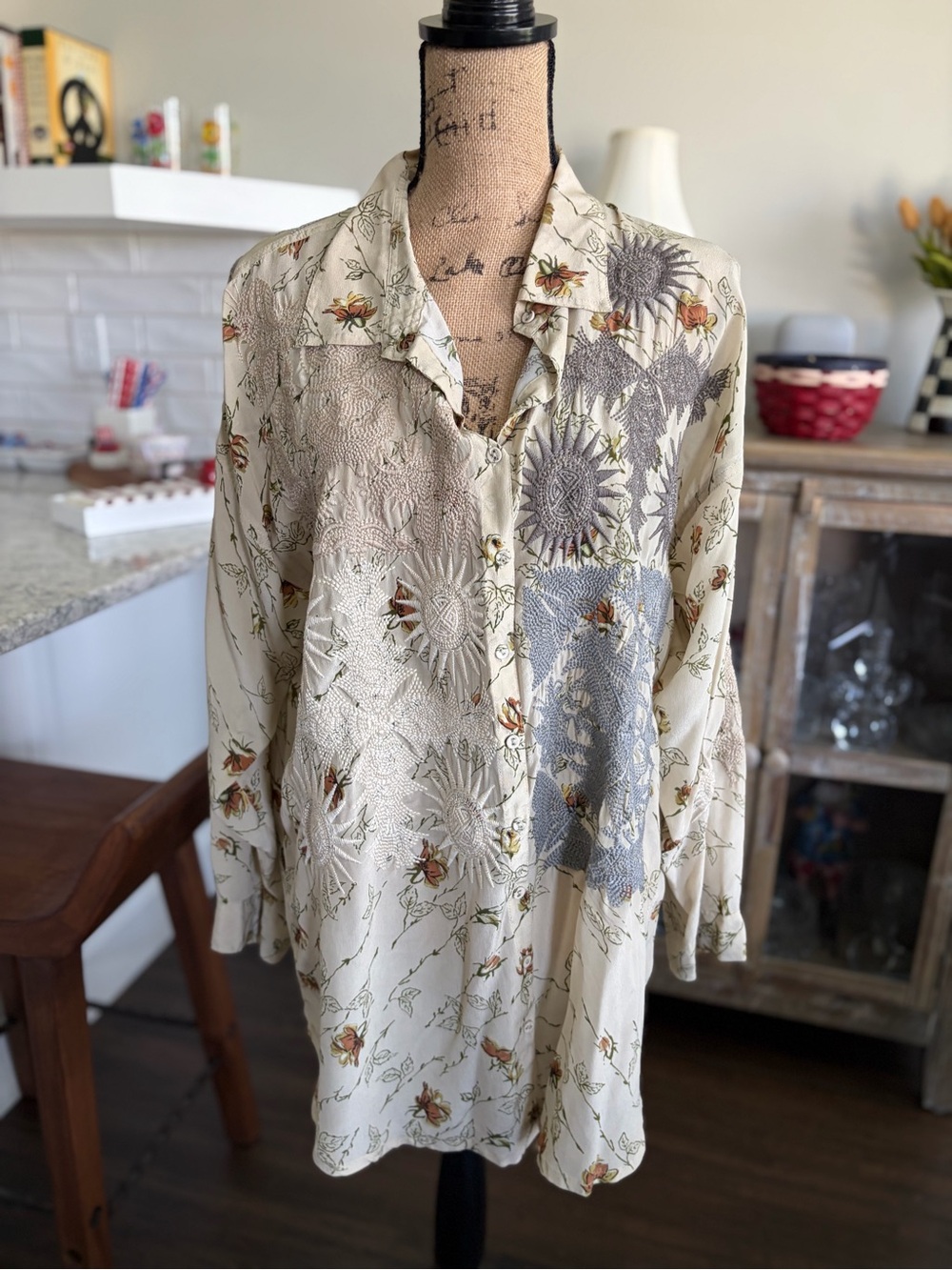 Johnny Was Cream Floral Embroidered V-Neck Top with Blue Accent